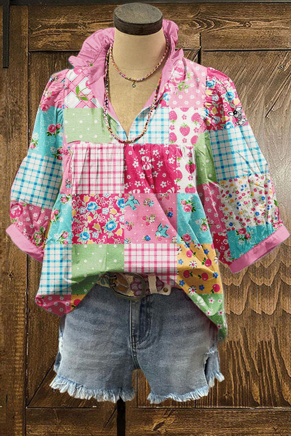 Sweet Floral Patchwork Print Puff Sleeve Blouse