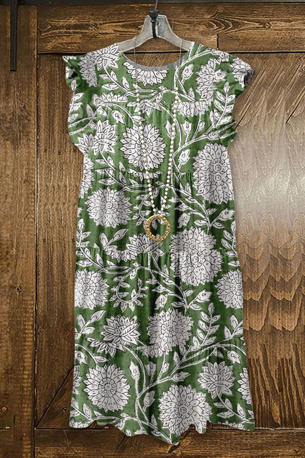 Fresh Plant Print Fly Sleeve Dress