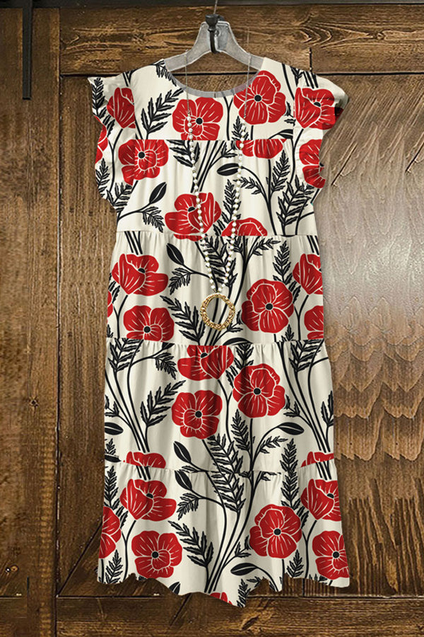 Vintage Floral Print Fly Sleeve Dress