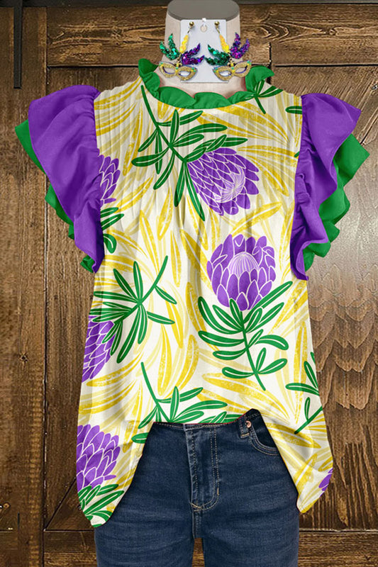 Unique Mardi Gras Floral Print Pleated Fly Sleeve Blouse