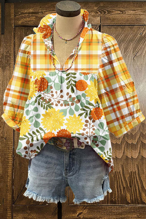 Fresh Plaid Floral Print Puff Sleeve Blouse