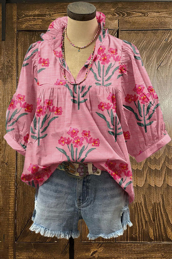 Sweet Floral Print Puff Sleeve Blouse