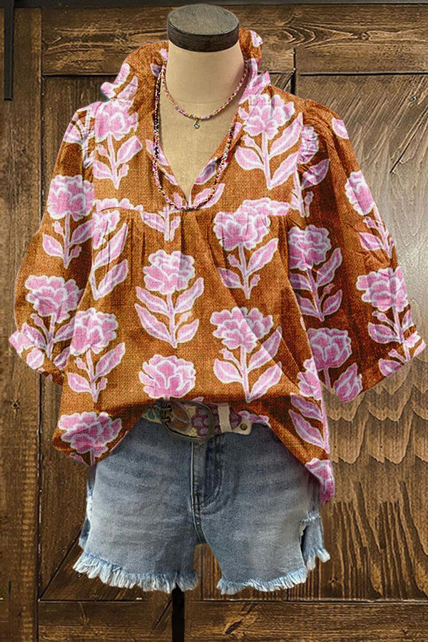 Vintage Floral Print Puff Sleeve Blouse