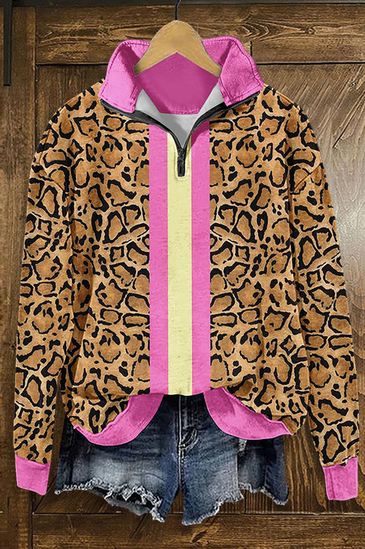 Vintage Leopard Contrast Print Zip-Up Sweatshirt