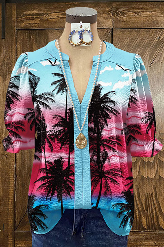 Beach Resort Coconut Tree Print V-Neck Blouse