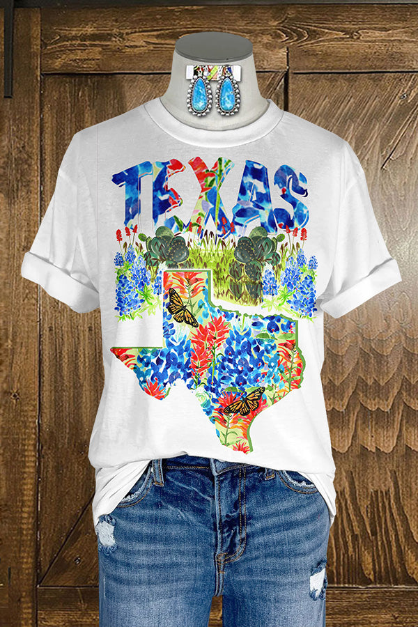 Classic Texas Map Floral Print T-Shirt