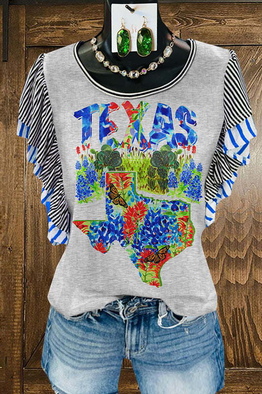 Classic Texas Map Floral Print Fly Sleeve T-Shirt