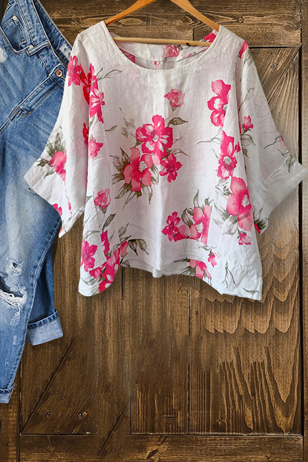 Casual Floral Print Cotton Linen Blouse