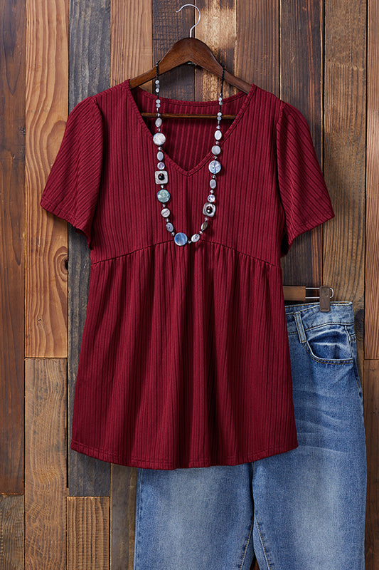 Loose Solid Color Ruffled V-neck Top