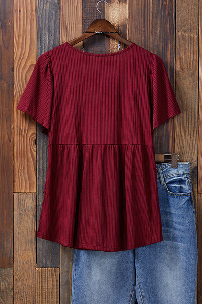 Loose Solid Color Ruffled V-neck Top