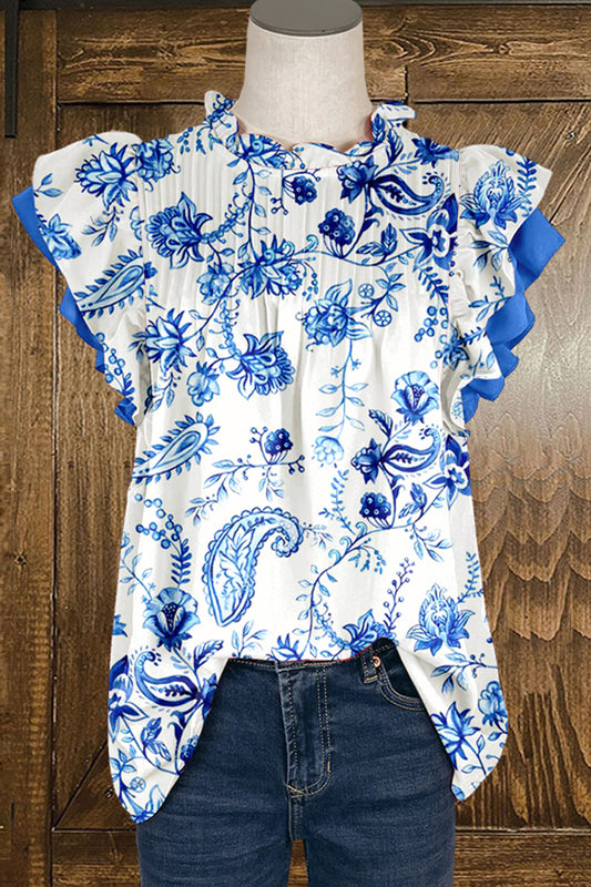 Cute Blue Floral Print Ruffled Sleeve Paneled Pleated Blouse