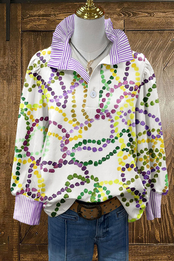 Chic Mardi Gras Print Puff Sleeve Blouse