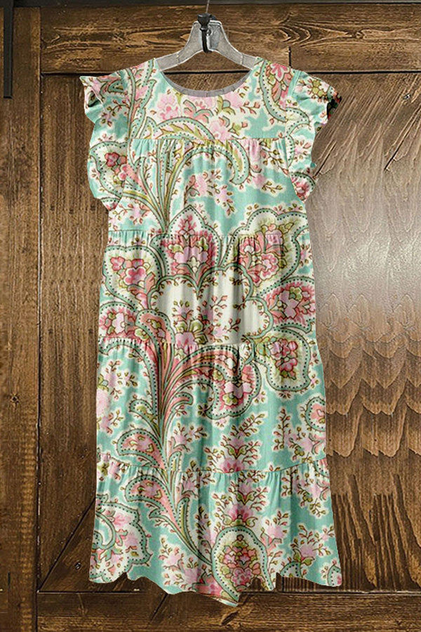 Sweet Green Floral Print Ruffled Pleated Dress