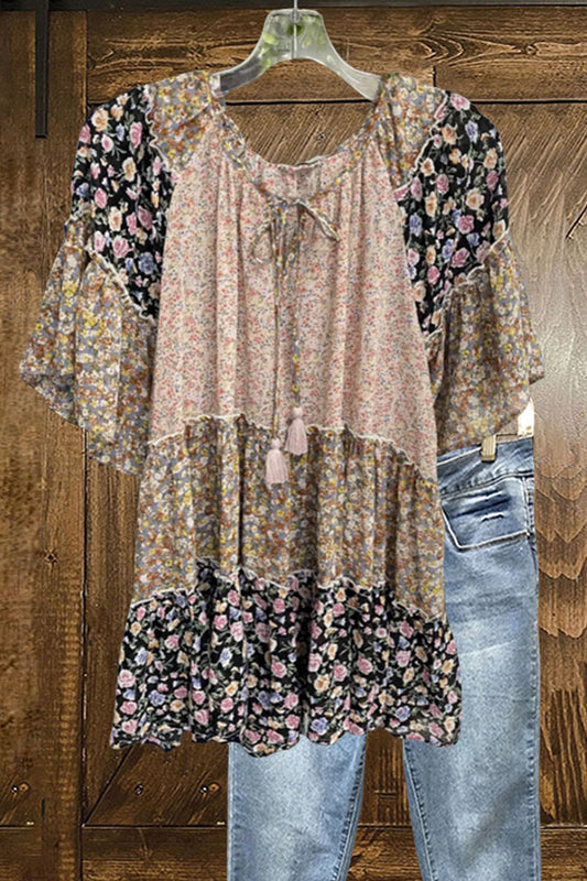 Bohemian Floral Patchwork Ruffled Sleeve Blouse