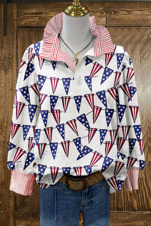 Chic Stars Patriotic Day Print Puff Sleeve Blouse