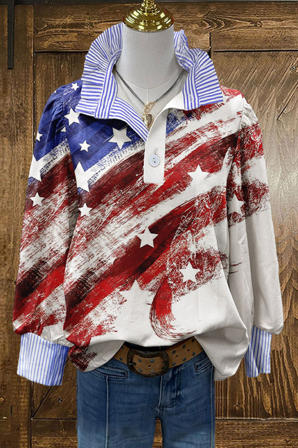 Retro Stars Patriotic Day Print Puff Sleeve Blouse