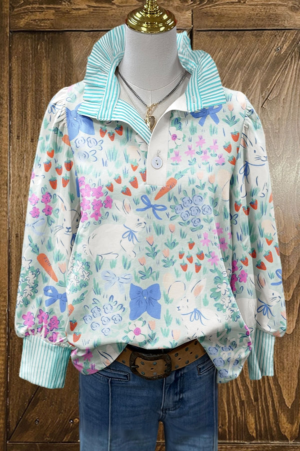 Cute Easter Bunny Print Puff Sleeve Blouse