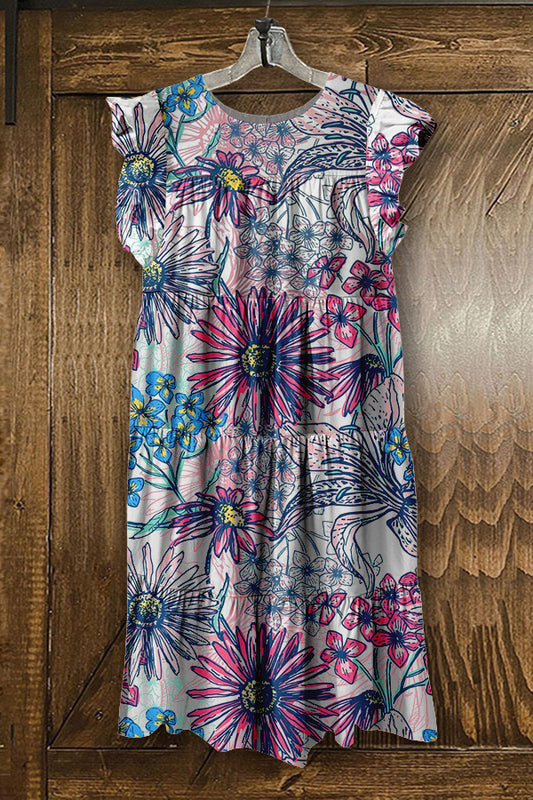 Sweet Floral Print Ruffled Pleated Dress