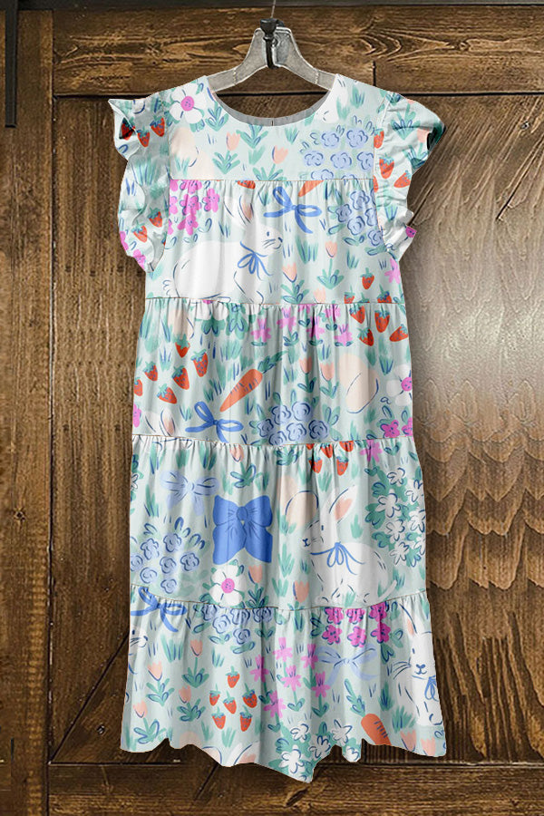 Sweet Easter Bunny Floral Print Ruffled Pleated Dress