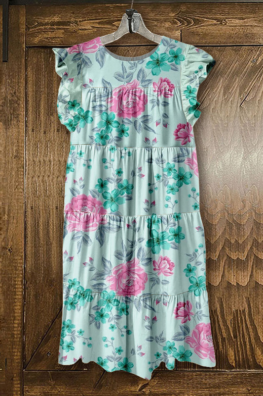 Sweet Floral Print Ruffled Pleated Dress