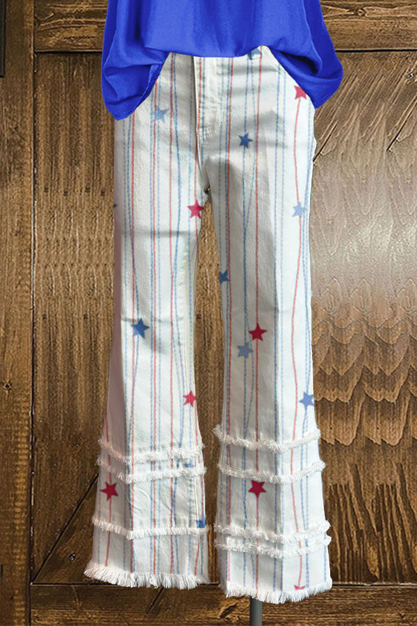 Chic American Patriotic Day Print Fringed Hem Pants