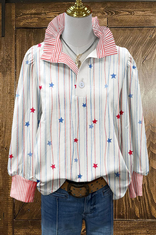 Chic Stars Patriotic Day Print Puff Sleeve Blouse