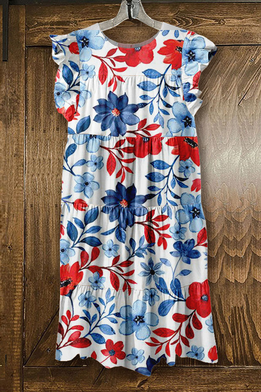 Sweet Floral Patriotic Day Print Ruffled Pleated Dress