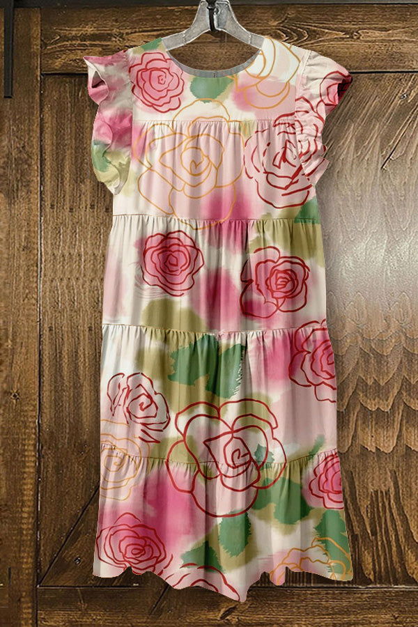 Sweet Floral Print Ruffled Pleated Dress