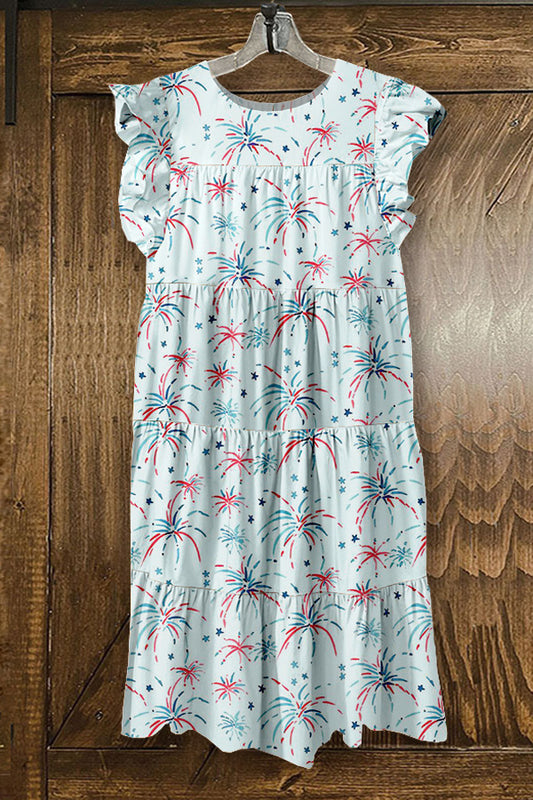 Sweet Patriotic Day Print Ruffled Pleated Dress