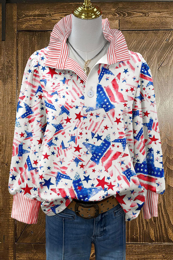 Chic Stars Patriotic Day Print Puff Sleeve Blouse