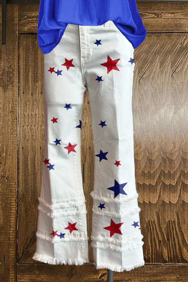 Chic Stars American Patriotic Day Print Fringed Hem Pants