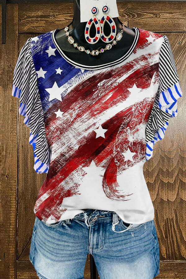 Chic American Flag Patriotic Day Print Fly Sleeve T-shirt