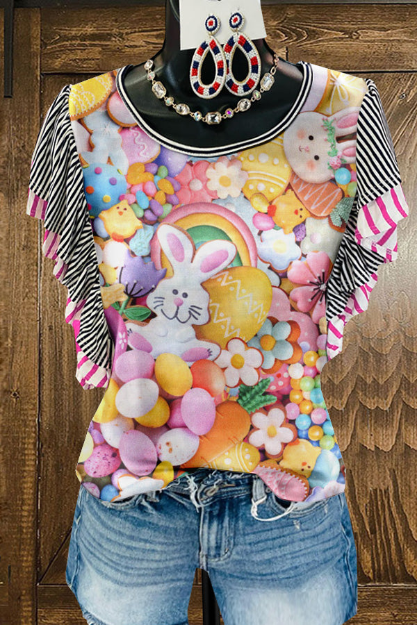 Chic Easter Bunny Eggs Print Fly Sleeve T-shirt