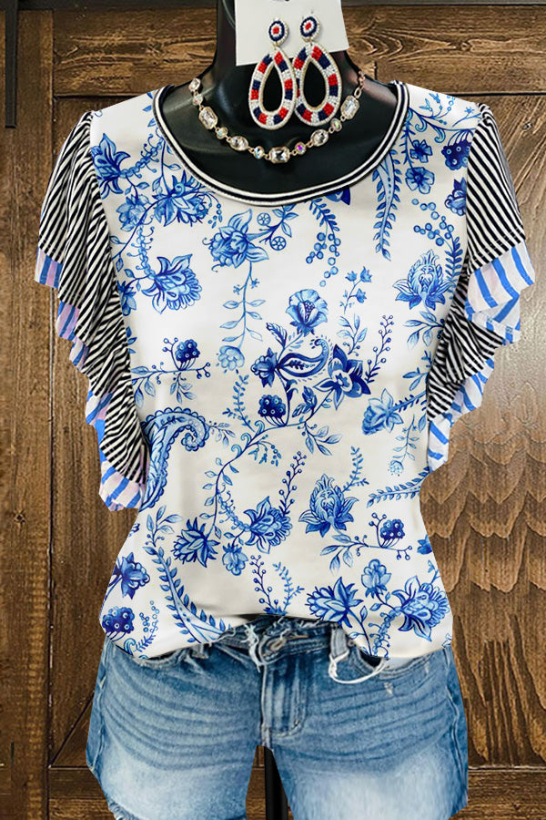 Cute Floral Print Fly Sleeve T-shirt