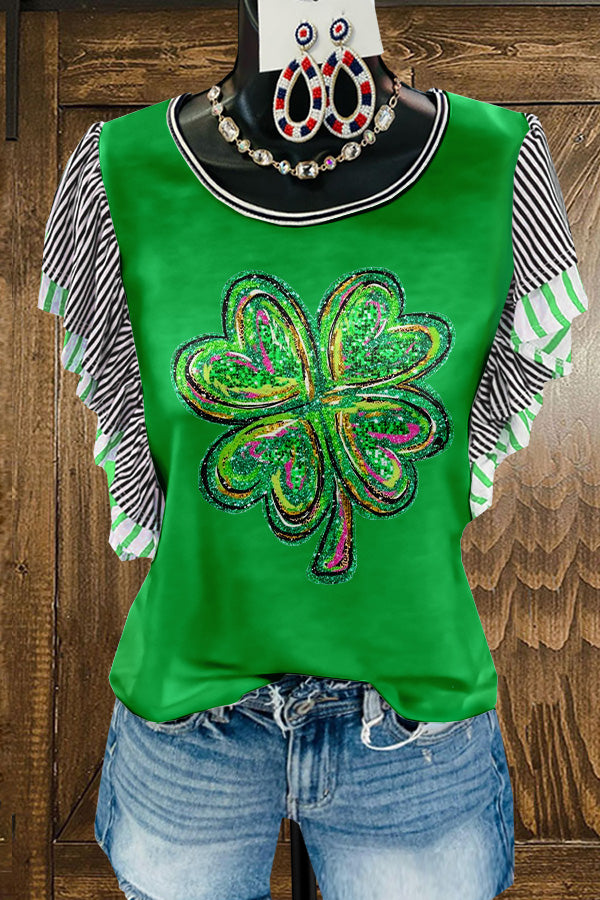 Cute St. Patrick's Day Shamrock Print Fly Sleeve T-shirt