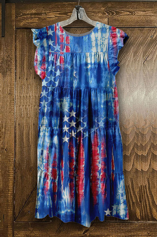 Chic Patriotic Day Print Ruffled Pleated Dress