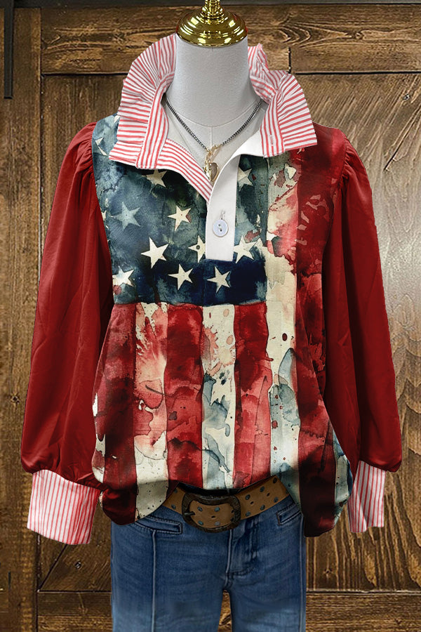 Chic Patriotic Day Print Puff Sleeve Blouse