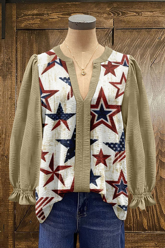 Chic Patriotic Day Print Puff Sleeve Blouse