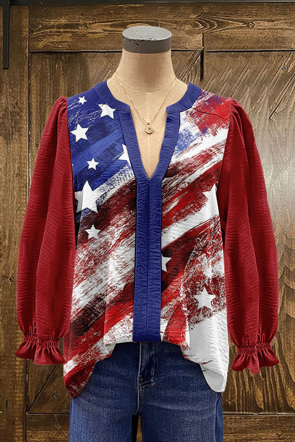 Unique American Flag Patriotic Day Print Puff Sleeve Blouse