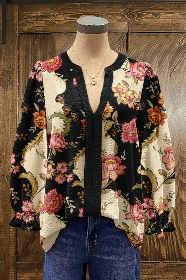 Chic Floral Print Puff Sleeve Blouse