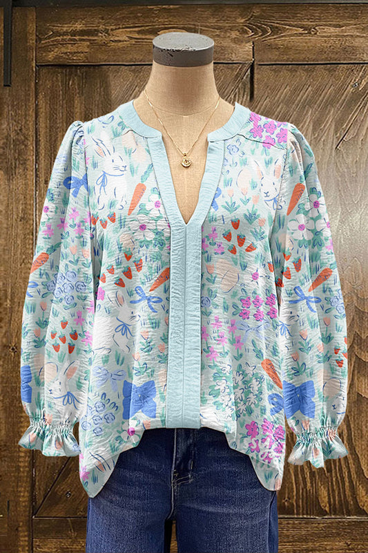 Cute Easter Bunny Floral Print Puff Sleeve Blouse