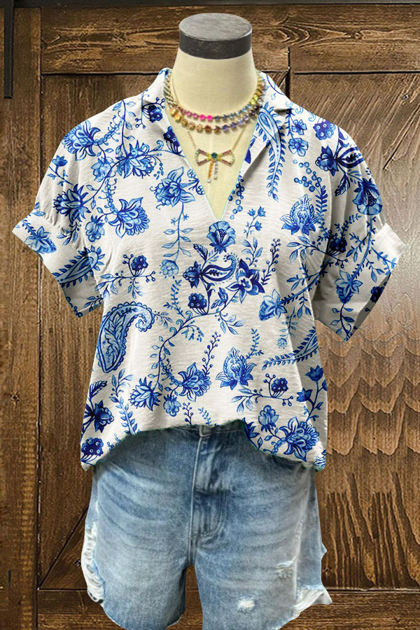 Cute Blue Floral Puff Sleeve Blouse