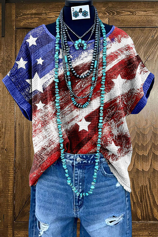 Retro American Flag Patriotic Day Washed Dolman Sleeve T-shirt