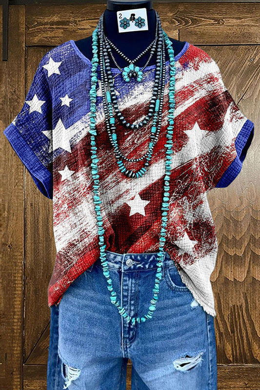 Retro American Flag Patriotic Day Washed Dolman Sleeve T-shirt