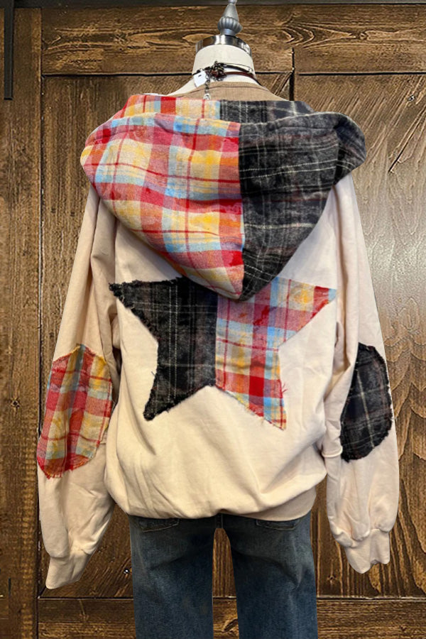 Cute Star Plaid Patchwork Sweatshirt