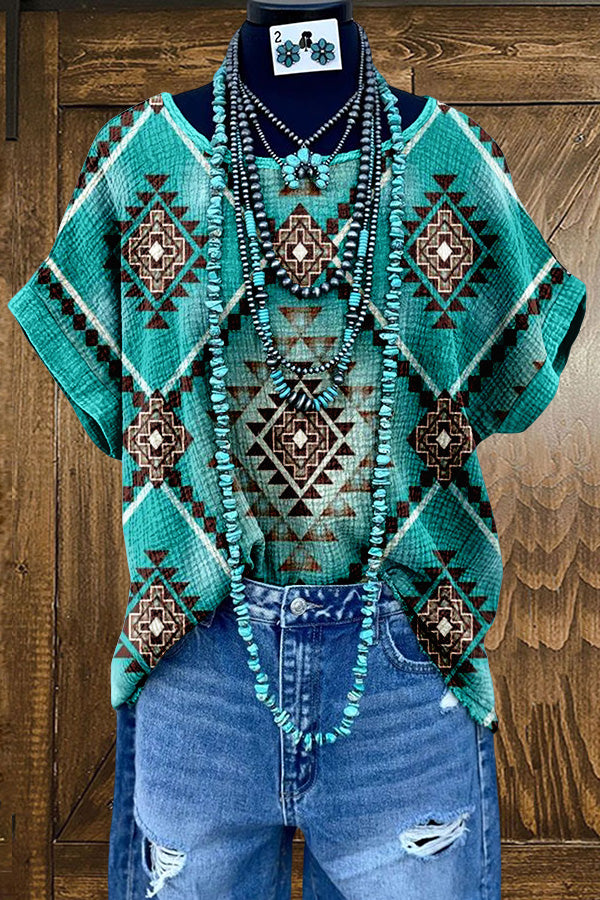 Retro Western Aztec Ethnic Style Washed Dolman Sleeve T-shirt