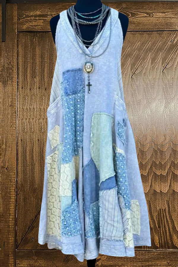 Western Denim Patchwork Suspender Dress