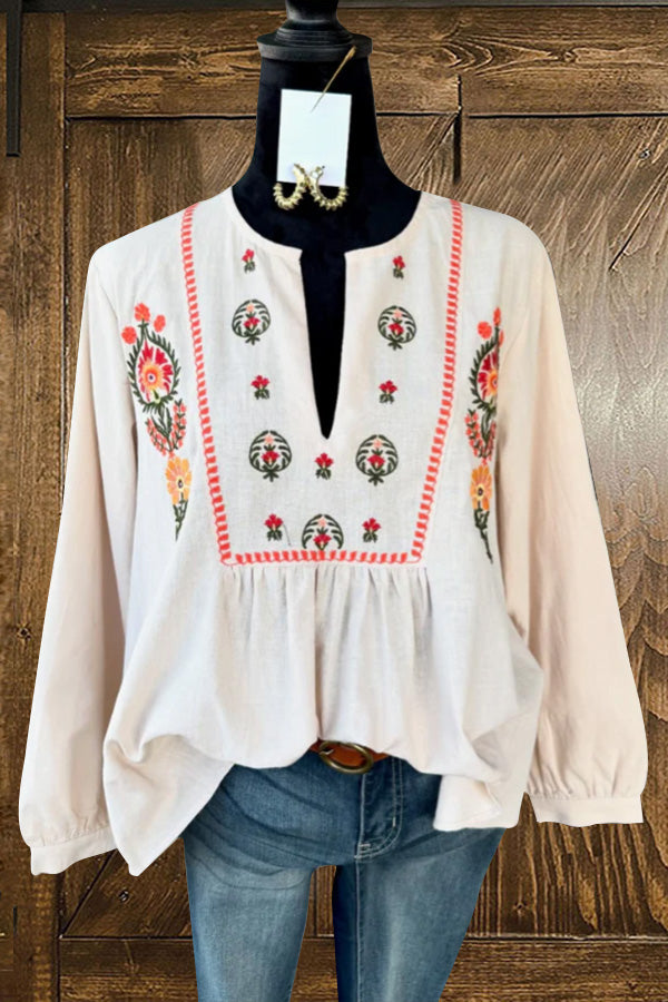 Chic Floral Pembroidery Puff Sleeve Blouse