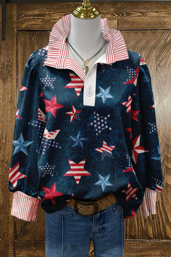 Chic Stars Patriotic Day Print Puff Sleeve Blouse