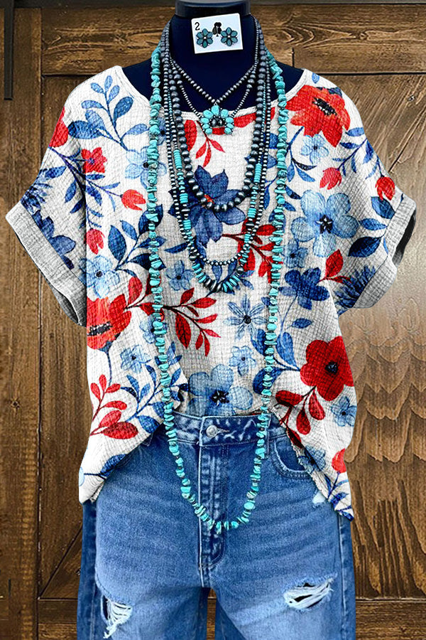 Cozy Floral Patriotic Day Washed Dolman Sleeve T-shirt